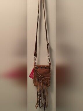 Tan Fringed  Leather Crossbody Bag With Silver Studs on Outside Pocket